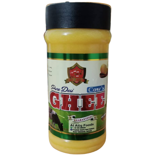 Al Atiq Pure Desi Cow's Ghee is a premium, 100% natural product made from fresh cow’s milk. Ideal for cooking and baking, it provides essential nutrients and a rich, authentic taste