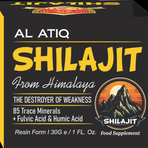 Al Atiq Shilajit is a natural resin sourced from the Himalayan mountains, rich in 85 trace minerals, fulvic acid, and humic acid. It helps boost energy, improve stamina, and promote overall well-being.